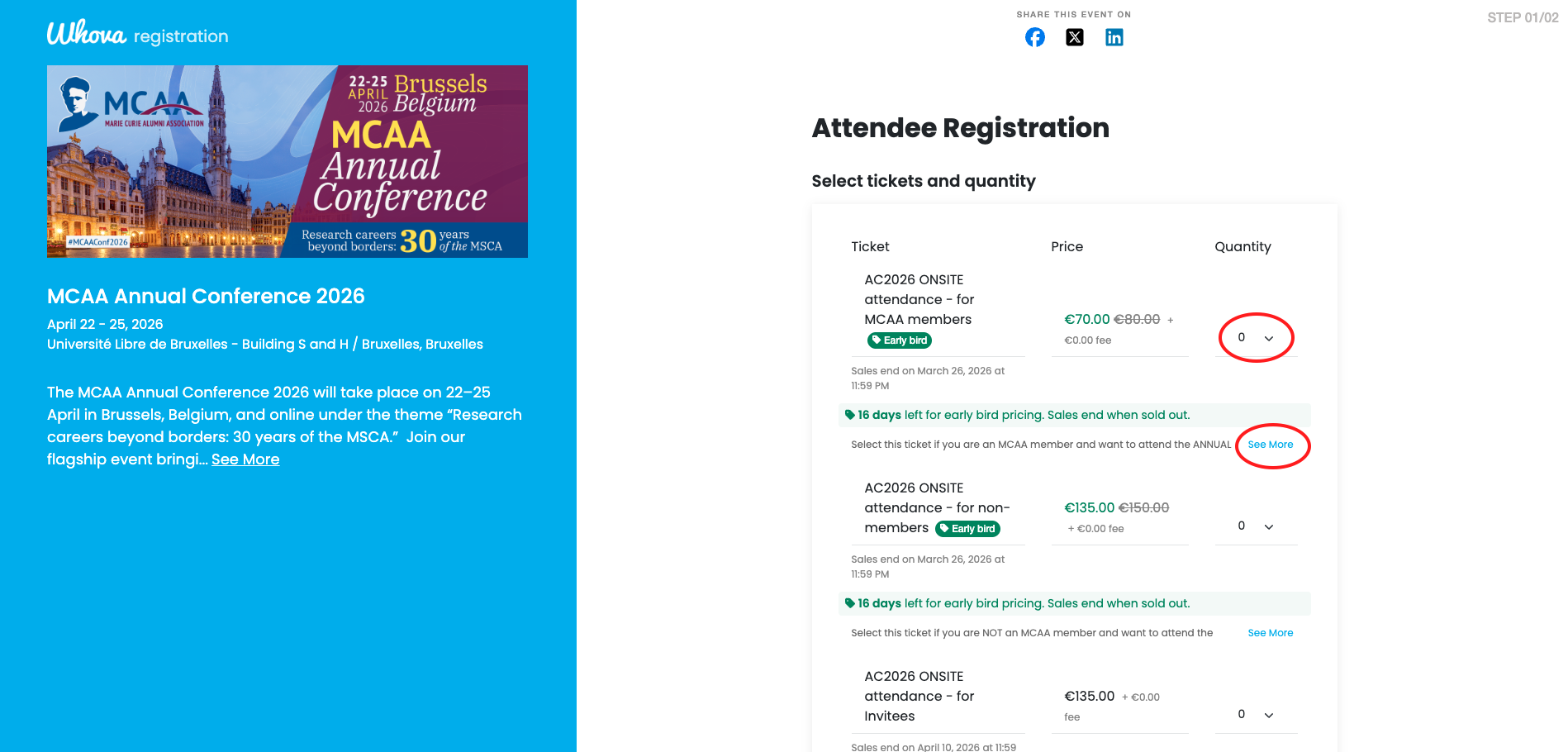 Screenshot of the MCAA Annual Conference registration page on Whova