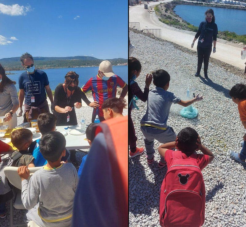 Mednight Guerrilla Science event with Children in Kara Tepe Refugee Camp, Lesvos. CREDITS: SciCo