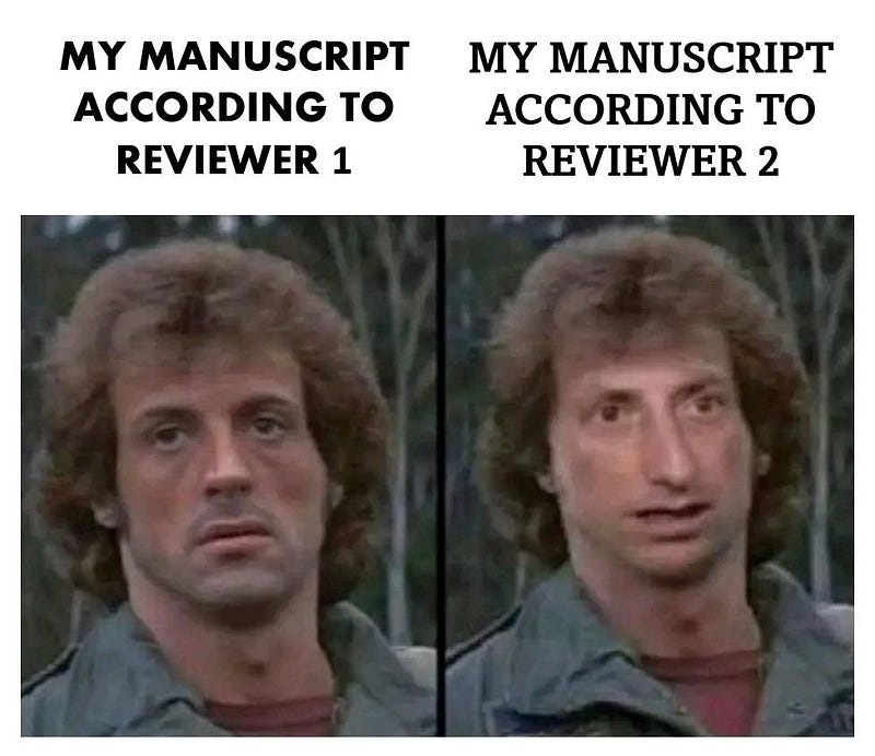 Photo 1: How it feels receiving feedback from Reviewer 1 vs Reviewer 2. Source: Meme via Reddit (link)