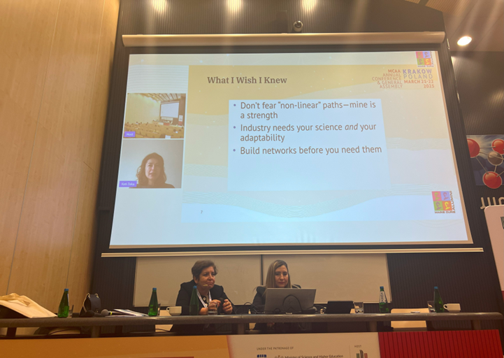 Keti Zeka delivers career insights virtually, emphasizing non-linear paths, adaptability in industry, and proactive networking. Photo: Polat Goktas