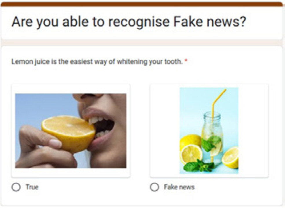 The Lemon Quiz Photo, fighting Dental Myths. A screen capture from the interactive quiz demonstrating common pieces of health misinformation. [Dias da Silva, Walmsley] (CC BY 4.0).