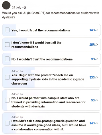 Facebook poll in the ‘AI for Teachers’ group.