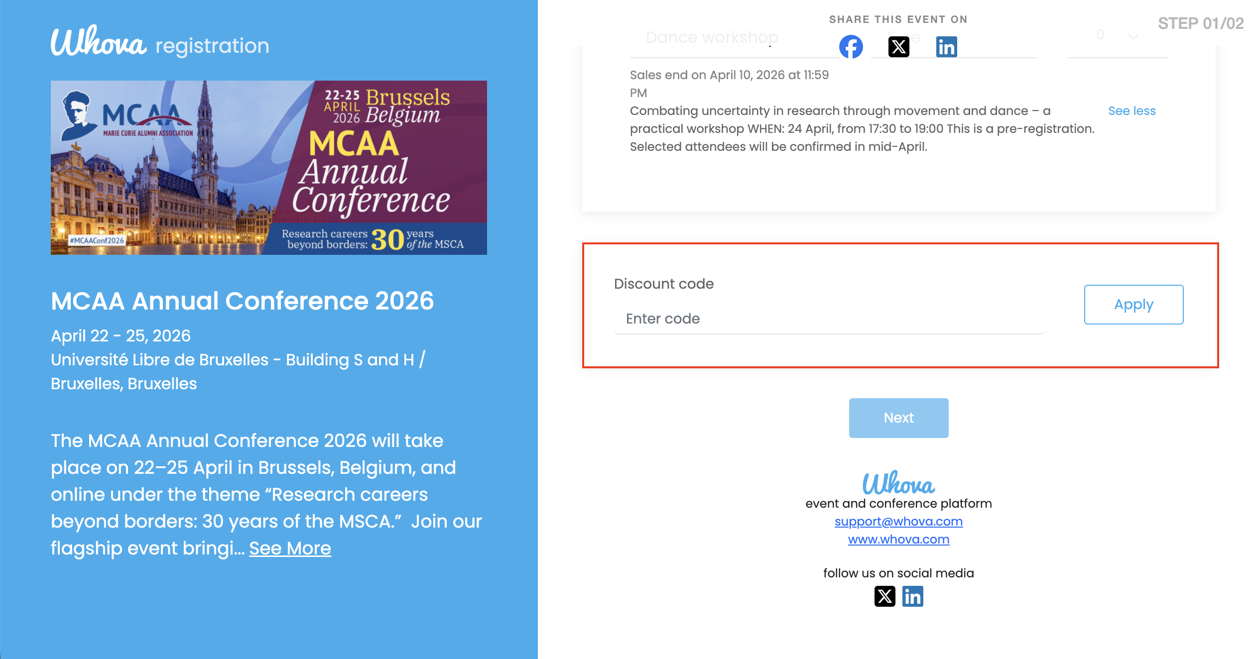 Screenshot of where to apply the discount/registration code