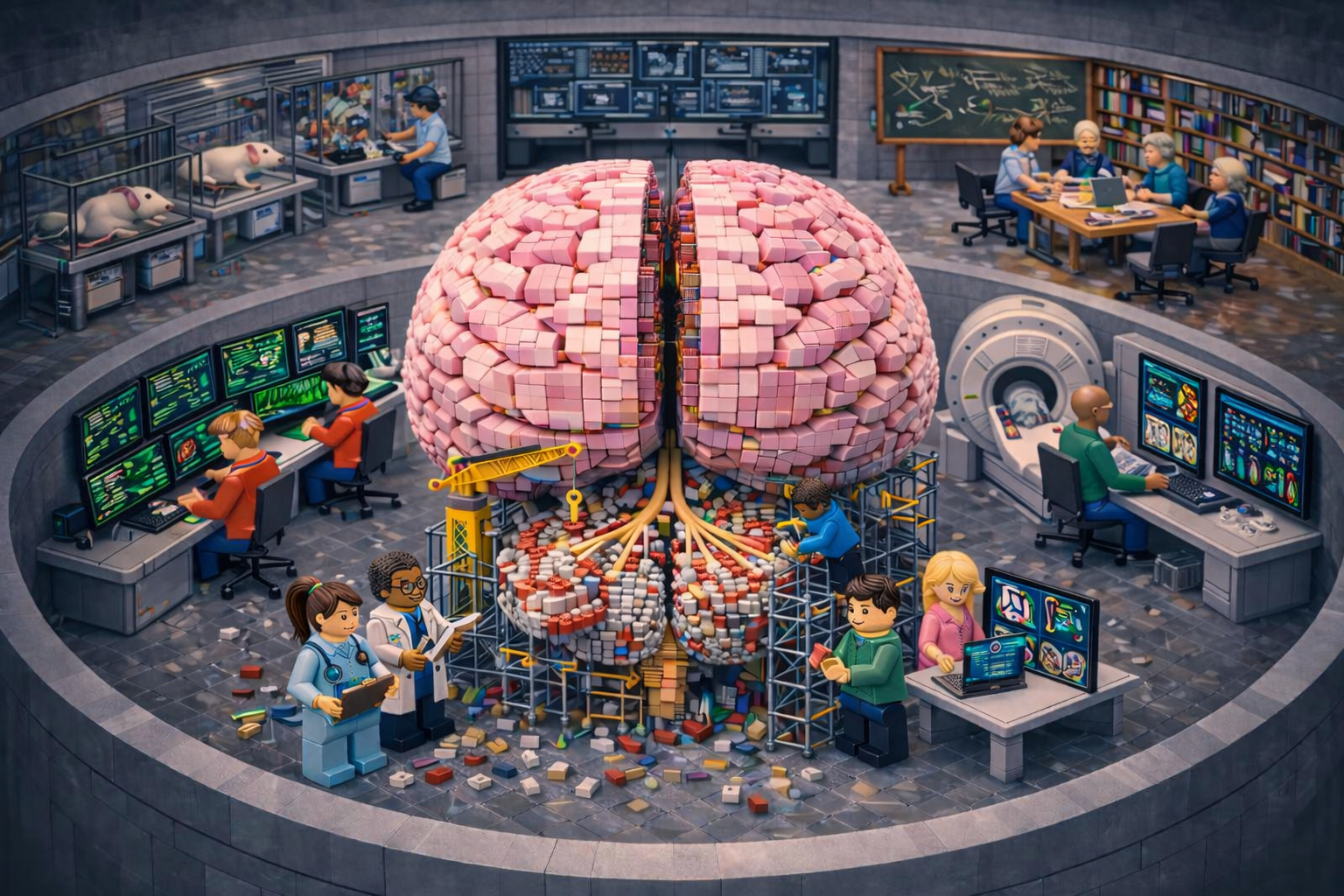 Conceptual illustration of the cerebellum being built piece by piece, symbolising how interdisciplinary collaboration helps scientists understand complex brain systems.