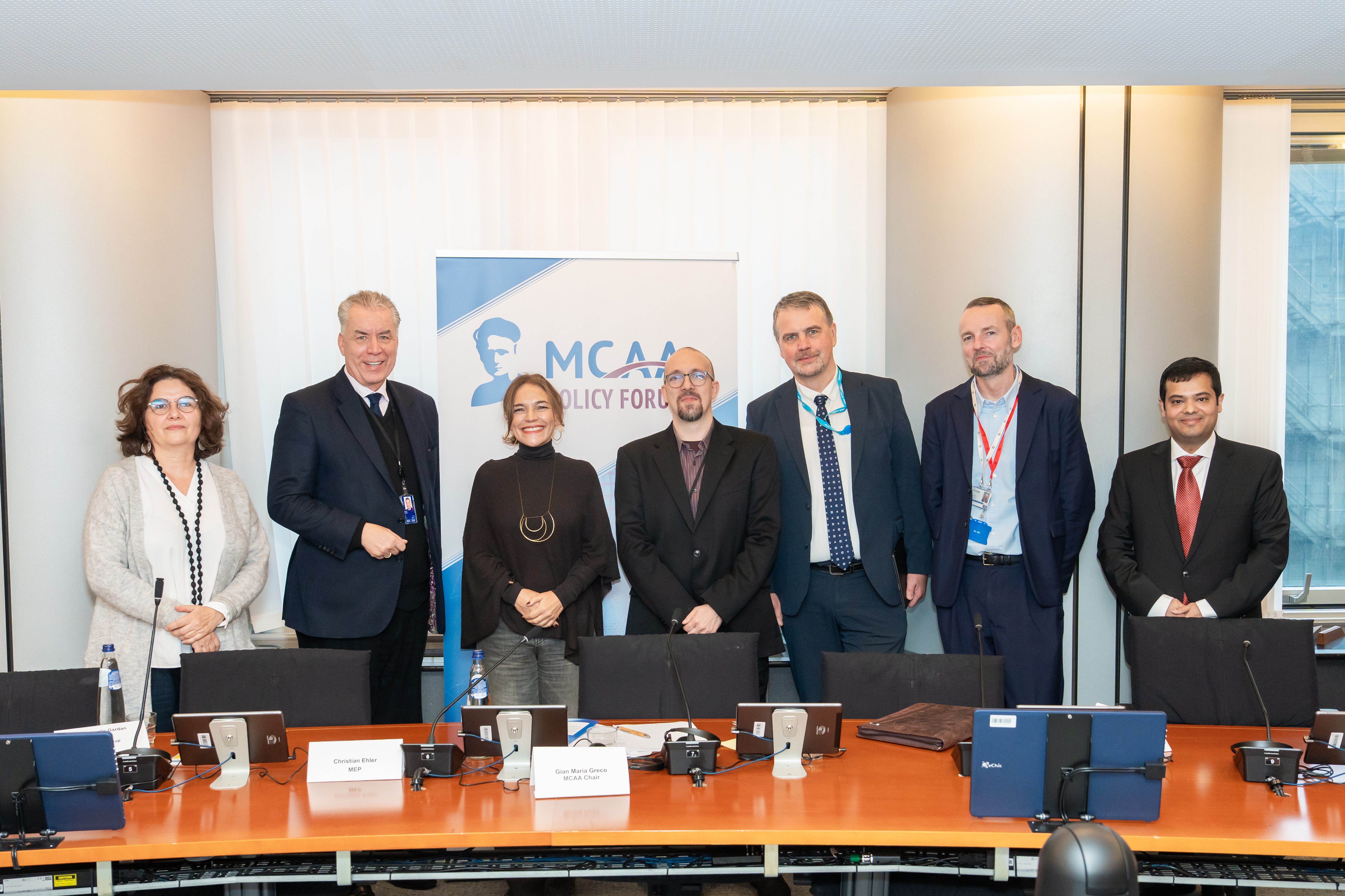 From left to right: Head of the MSCA Unit Claire Morel, MEPs Christian Ehler and Lina Gálvez Muñoz, MCAA Chair Gian Maria Greco, MEP Ivars Ijabs, Minister Counsellor at the Permanent Representation of Denmark to the EU Jimmy Bruun Felthaus, and MCAA Executive Director Mostafa Moonir Shawrav.