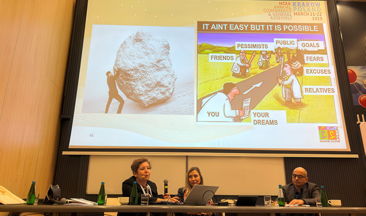 The dual imagery—Sisyphus-like struggle and a motivational cartoon—illustrates the challenges and external pressures faced by researchers, while reinforcing the session’s core message: “It ain’t easy, but it is possible.”