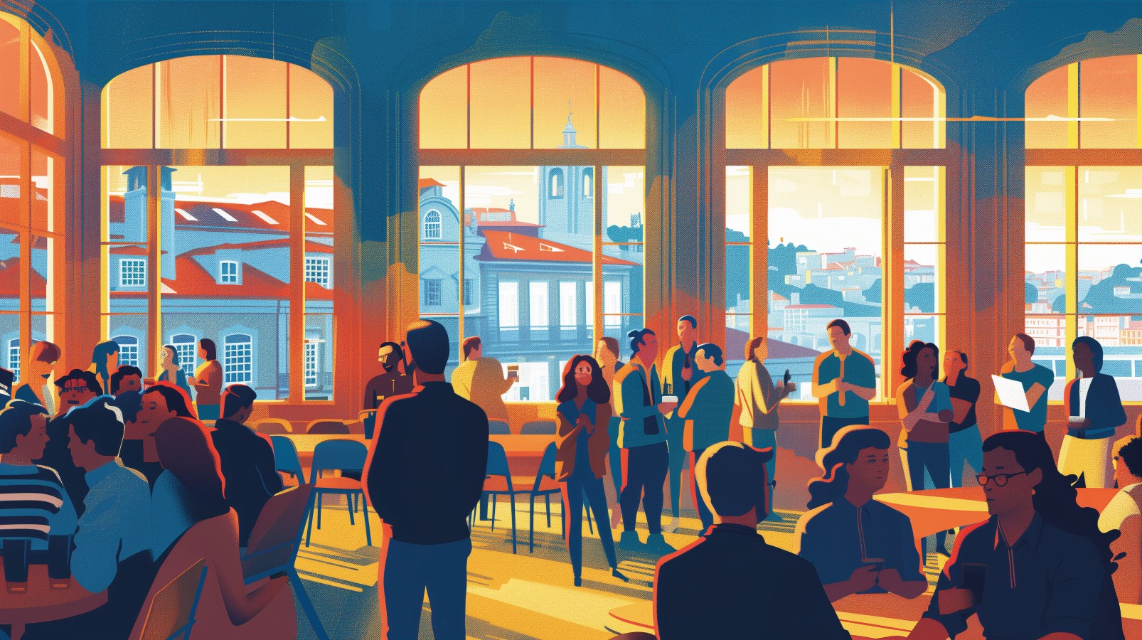 An illustration of a dynamic group of nearly 60