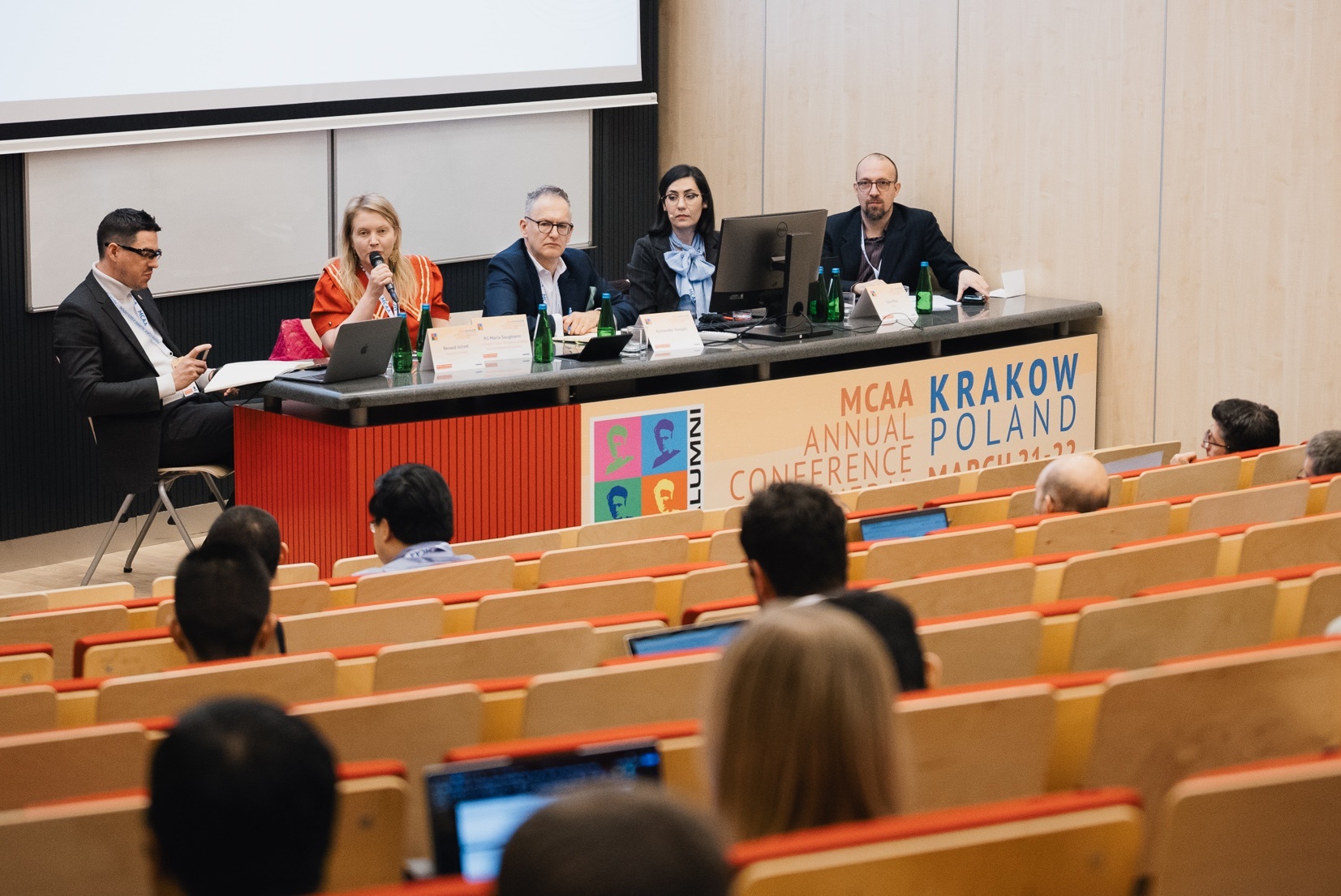 Panellists of the ERA talk (from left to right): Renaud Jolivet (Full Professor, Maastricht University), Pil Maria Saugmann (President of Eurodoc, the European Council of Doctoral Candidates and Junior Researchers), Alexander Hasgall (SNSF Swiss National Science Foundation), Sara Pilia (Project Officer - SECURE MCAA) and Gian Maria Greco, (Chair, Marie Curie Alumni Association). Emmanuelle Guardian attended remotely.