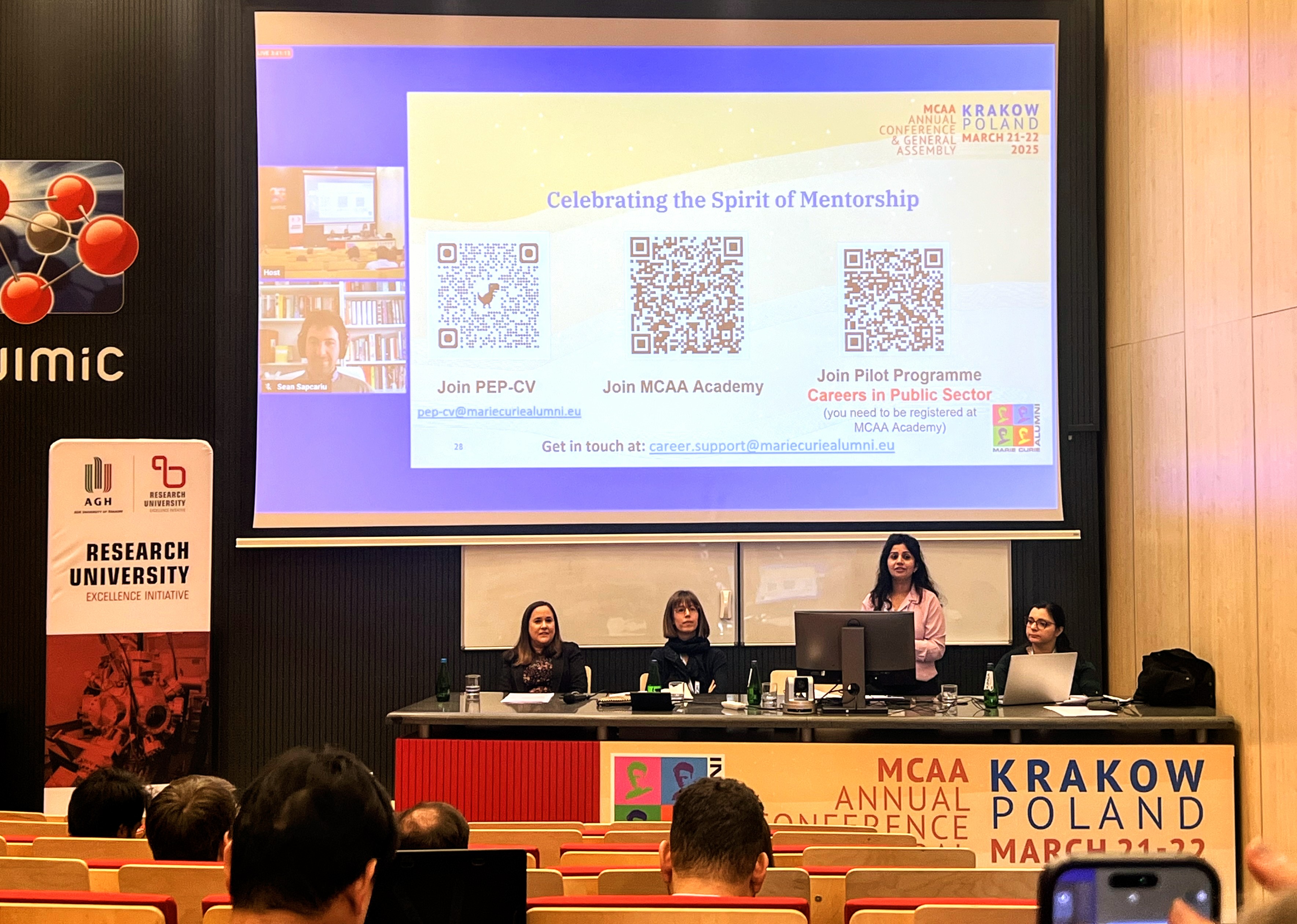 Sean Sapcariu, Irene Castellano Pellicena, Karen Stroobants, Pooja Khurana and Maria Romano. On the screen, one can see the MCAA Mentoring Initiatives: PEP- CV and MCAA Academy.