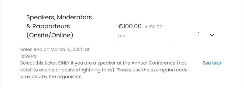 Screen capture of the ticket option for speakers, moderators, organisers and rapporteurs of conference sessions