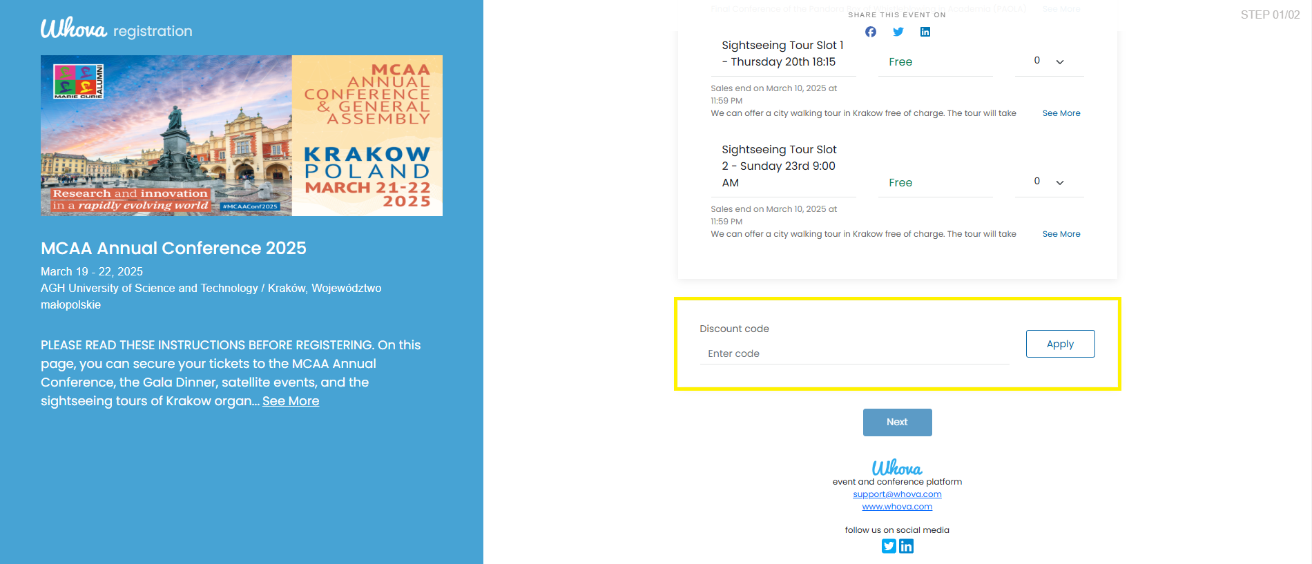 Screen shot of how to apply a discount code for the conference registration