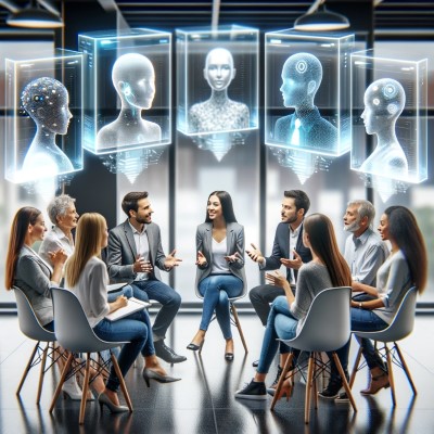 A modern office setting with a diverse group of professionals discussing strategies