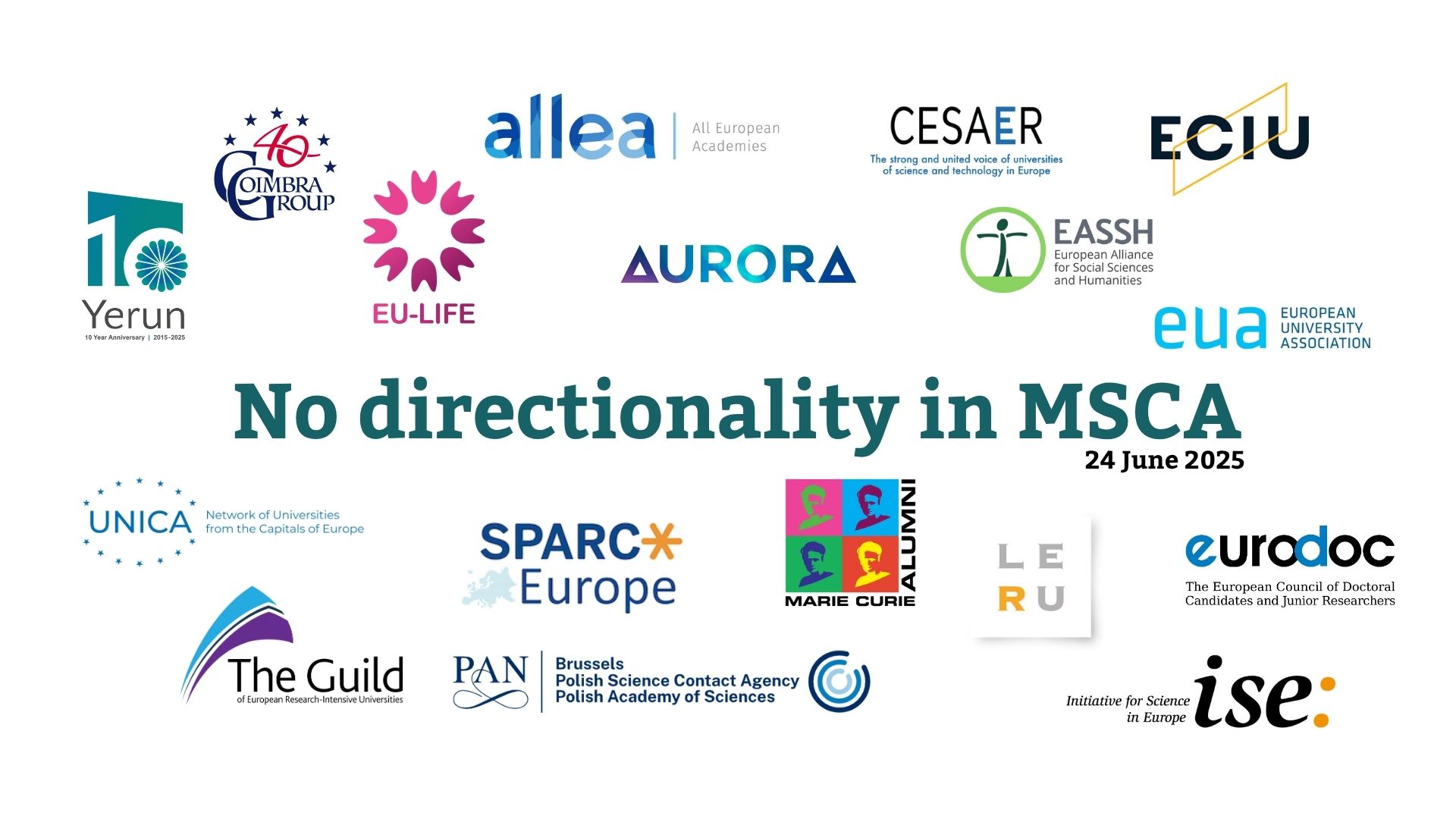 Logos of the 17 research organisations co-signing the statement "No directionality in MSCA"