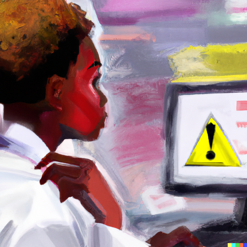 An abstract oil paint of a female scientist from behind looking at a computer screen with caution signs. Image generated with DALL·E