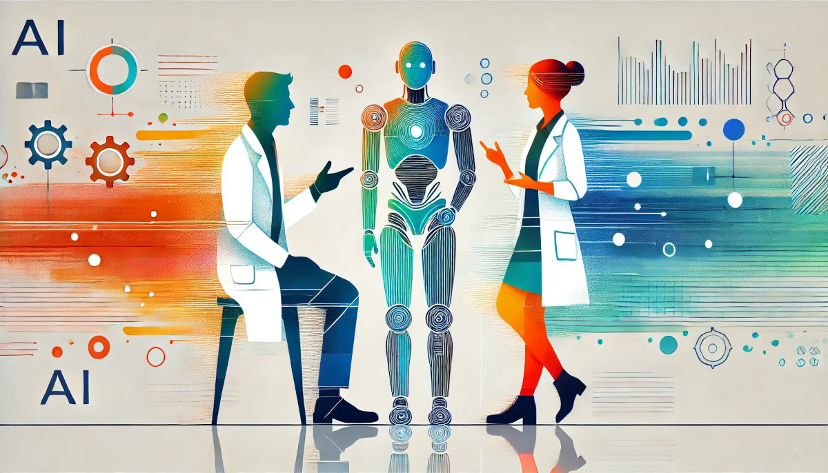 A man, a woman, and an AI-human robot, all dressed as scientists, engaged in a debate