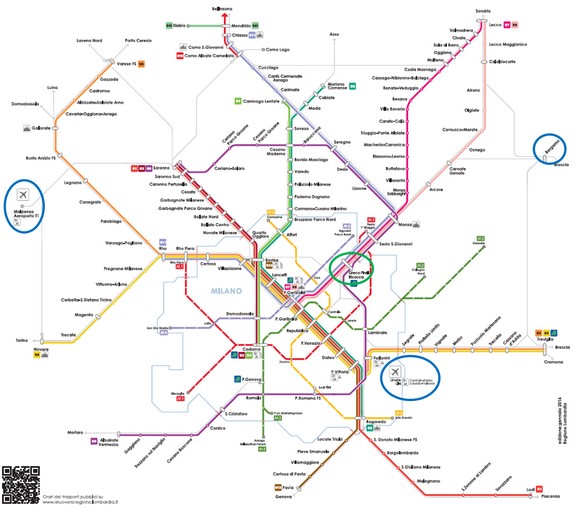 Map of local train and metro transportation in Milan