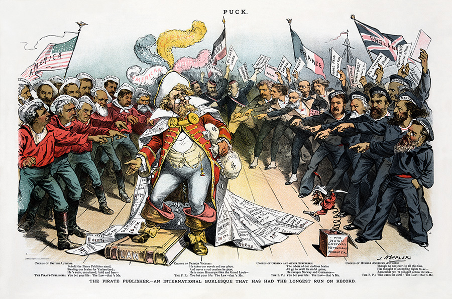 The Pirate Publisher. From Puck Magazine in 1886 around the time of the Berne Convention. Illustration by Joseph Ferdinand Keppler, Restoration by Adam Cuerden.