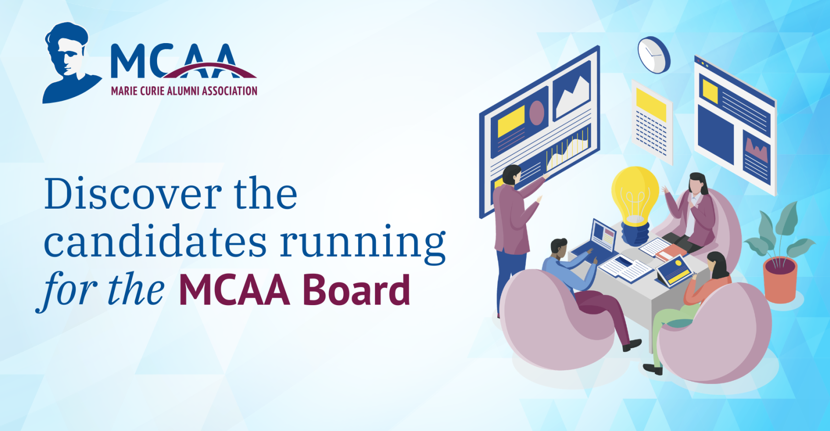 Illustration of people discussing around a table, with the MCAA logo and text "Discover the candidates running for the MCAA Board"