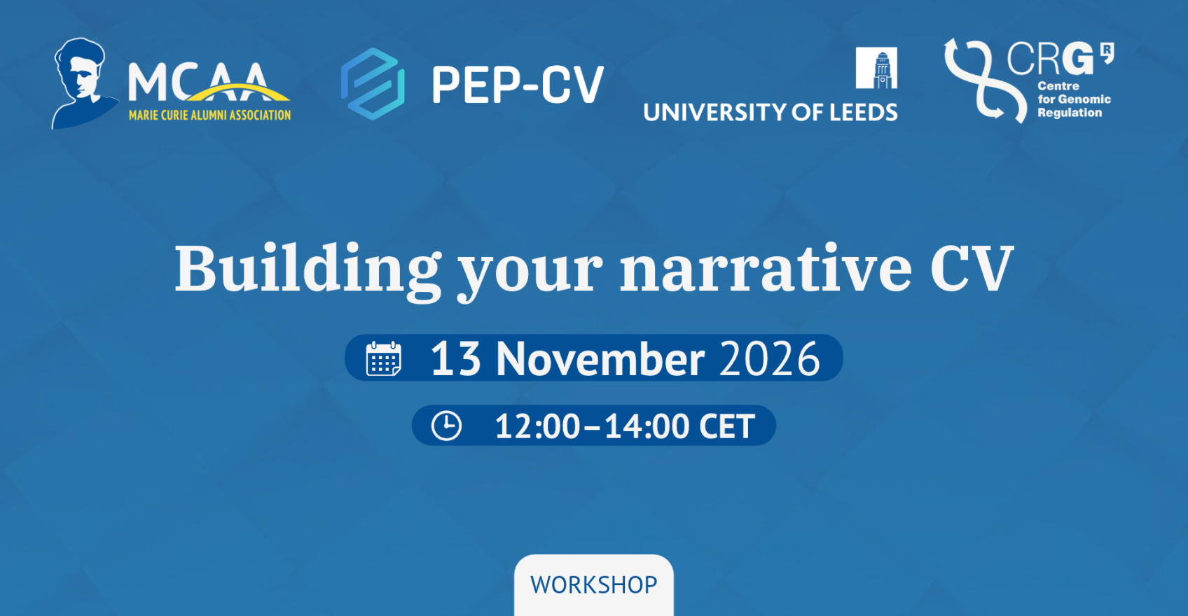 Event banner for “Building your narrative CV,” taking place online on 13 November 2026, at 12:00 CEST. 