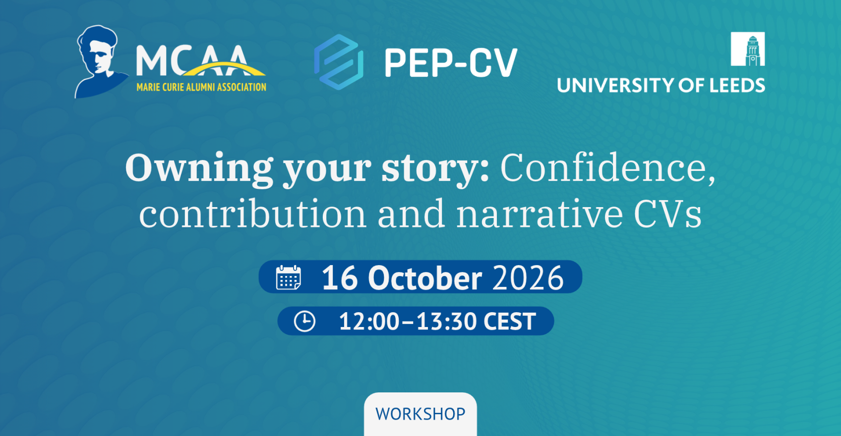 Event banner for “Owning your story: Confidence, contribution and narrative CVs,” taking place online on 16 October 2026, at 12:00 CEST.