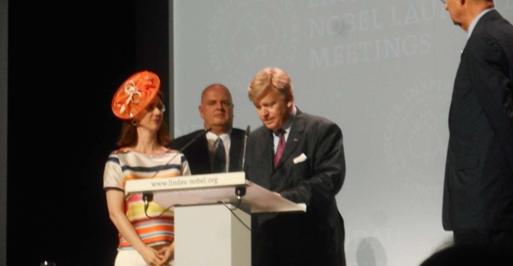 Professor Schuerer (right) being honoured by the Contessa Bernadotte who hosts the event, Thomas Ellerbeck of the Board, and Nikolas Turner, the incoming Chief Executive.