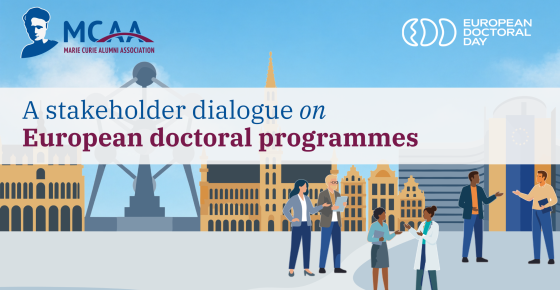 A banner showing illustrations of people in Brussels, with the text "A stakeholder dialogue on European doctoral programmes"