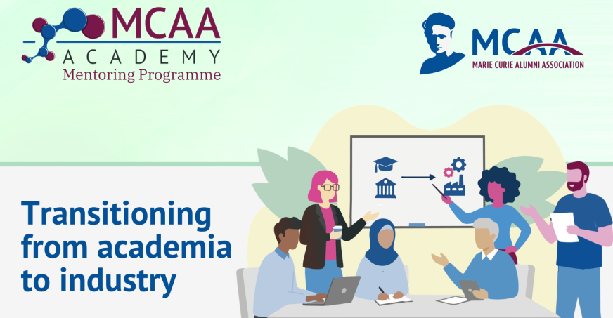 Banner promoting the MCAA Academy Mentoring Programme “Transitioning from academia to industry.”